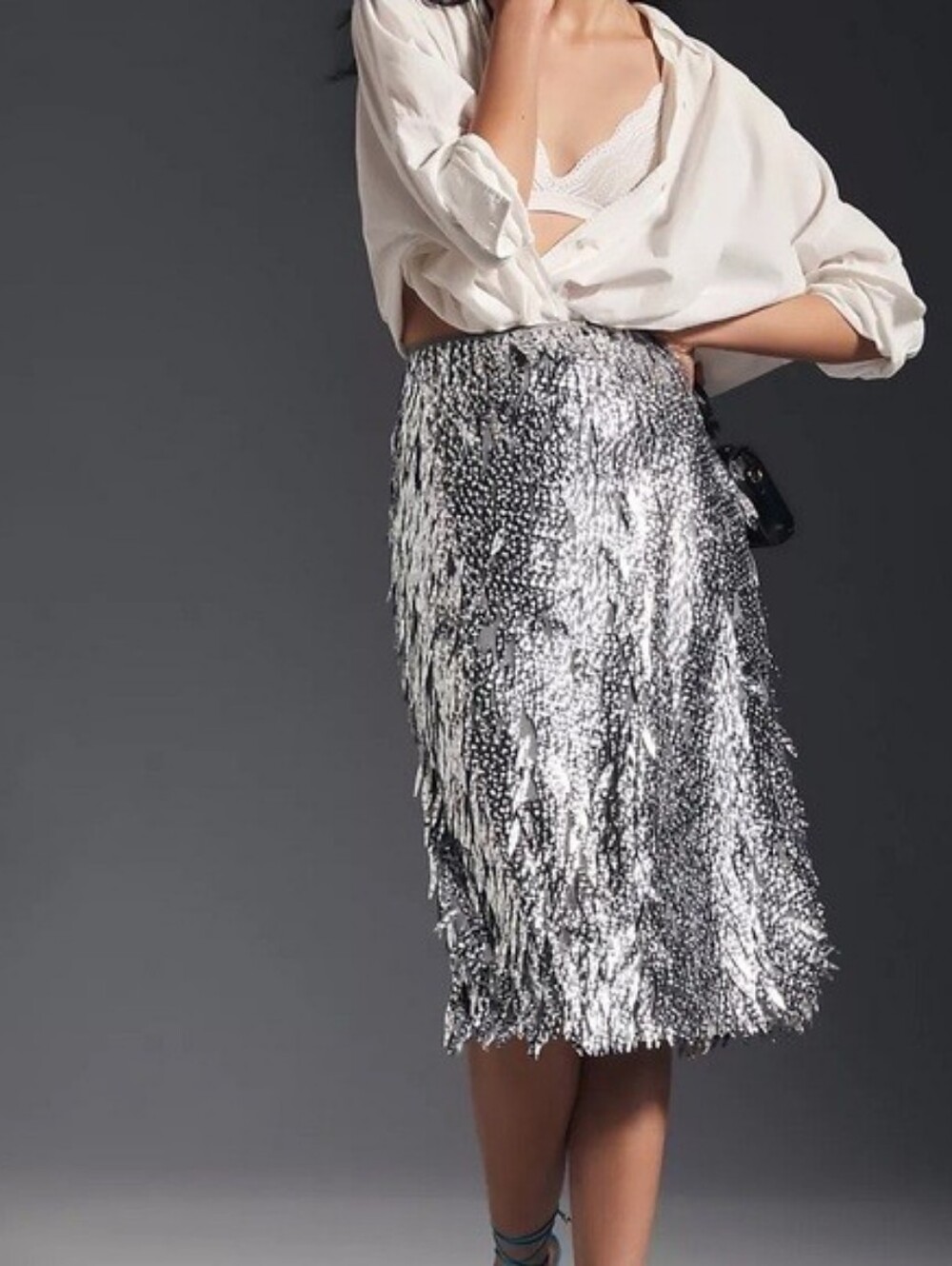 Anthropologie Sequin Fringe 3D Dimensional Silver Skirt US Size 2